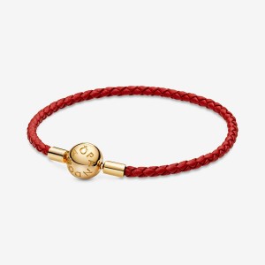 Gold Plated Pandora Moments Red Woven Leather Charm Bracelets | GORJ67048