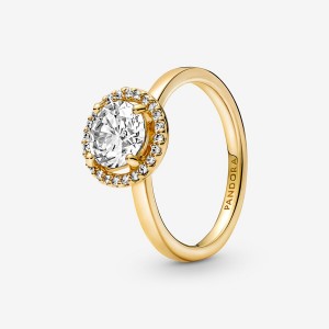 Gold Plated Pandora Sparkling Round Halo Halo & Solitaire Rings | YGVH15783