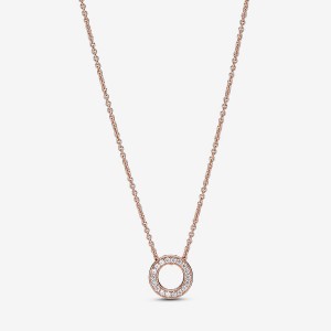 Rose Gold Plated Pandora Logo Pavé Circle Collier Pendant Necklaces | WMQO05423