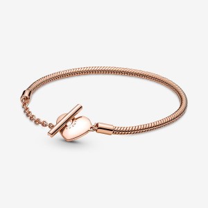 Rose Gold Plated Pandora Moments Heart T-Bar Snake Charm Bracelets | TNYL60143