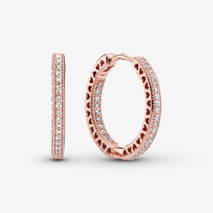 Rose Gold Plated Pandora Sparkle and Hearts Hoop Earrings | VFJU91067