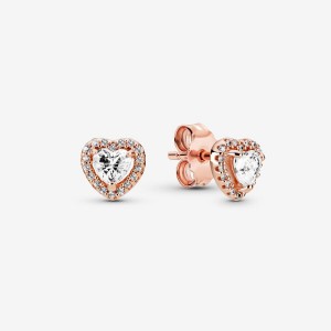 Rose Gold Plated Pandora Sparkling Elevated Hearts Stud Earrings | QSWX81923