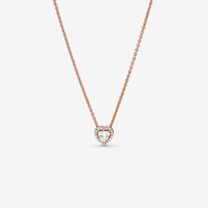 Rose Gold Plated Pandora Sparkling Heart Collier Pendant Necklaces | NJTB89405