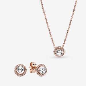 Rose Gold Plated Pandora Sparkling Statement Halo Jewelry Gift Set Necklace & Earring Sets | ZWGS30586