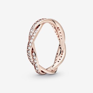 Rose Gold Plated Pandora Sparkling Twisted Lines Band Rings | YWGD75268