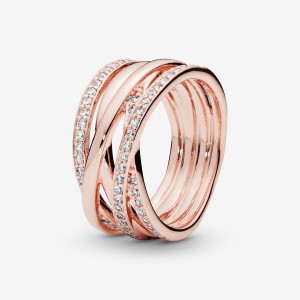 Rose Gold Plated Pandora Sparkling & Polished Lines Band Rings | EGJN54167