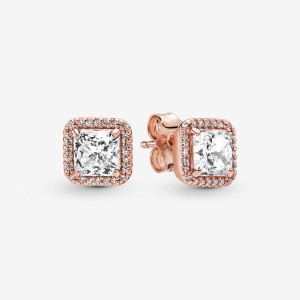 Rose Gold Plated Pandora Square Sparkle Halos Stud Earrings | MEFN15624