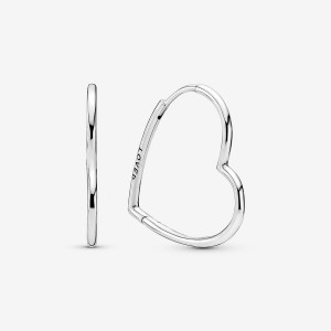 Sterling Silver Pandora Asymmetrical Heart Hoop Earrings | KROW97408