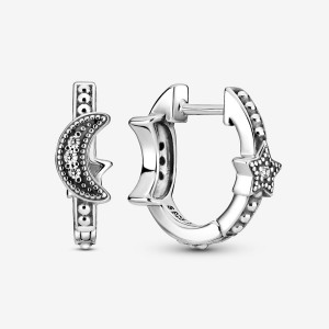 Sterling Silver Pandora Crescent Moon & Stars Beaded Hoop Earrings | BLOQ51203