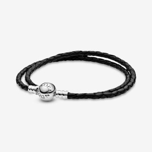 Sterling Silver Pandora Moments Double Black Leather Charm Bracelets | OYKF35169