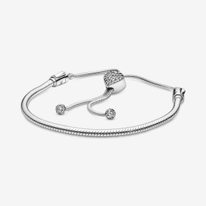 Sterling Silver Pandora Moments Pavé Heart Clasp Snake Slider Charm Holders | RQXE18645