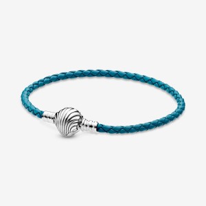 Sterling Silver Pandora Moments Seashell Clasp Turquoise Braided Leather Charm Holders | QPIH67394