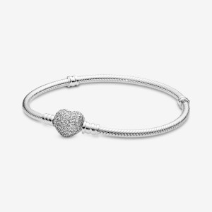 Sterling Silver Pandora Moments Sparkling Heart Clasp Snake Charm Holders | ELSV61749