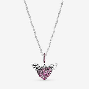 Sterling Silver Pandora Pavé Heart & Angel Wings Pendant Necklaces | KSYA74930