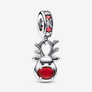 Sterling Silver Pandora Red Nose Reindeer Murano Dangle Dangle Charms | YXQH12098