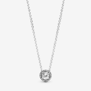 Sterling Silver Pandora Round Sparkle Halo Chain Necklaces | EQML72534