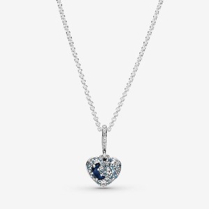 Sterling Silver Pandora Sparkling Blue Moon & Stars Heart Pendant Necklaces | NQAR30928