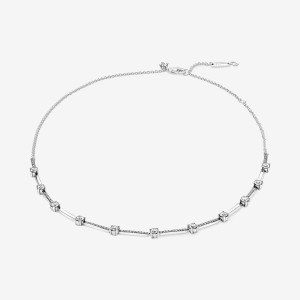 Sterling Silver Pandora Sparkling Pavé Collier Bars Chain Necklaces | MCHU07156