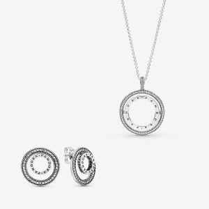 Sterling Silver Pandora Sparkling Pave Circle Jewelry Gift Set Necklace & Earring Sets | ZFJE30756