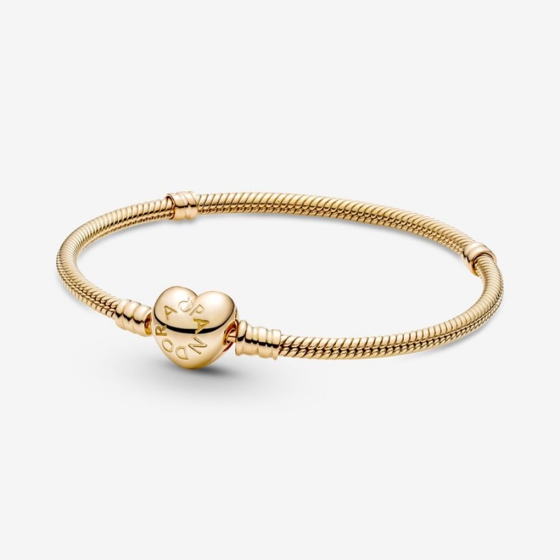 Gold Pandora Moments Heart Clasp Snake Charm Bracelets | VICD28749