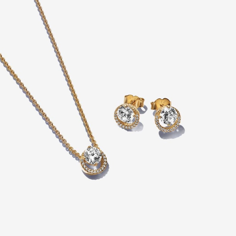 Gold Pandora Sparkling Round Halo Jewelry Gift Set Necklace & Earring Sets | FOHM06435