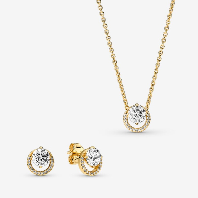 Gold Pandora Sparkling Round Halo Jewelry Gift Set Necklace & Earring Sets | FOHM06435