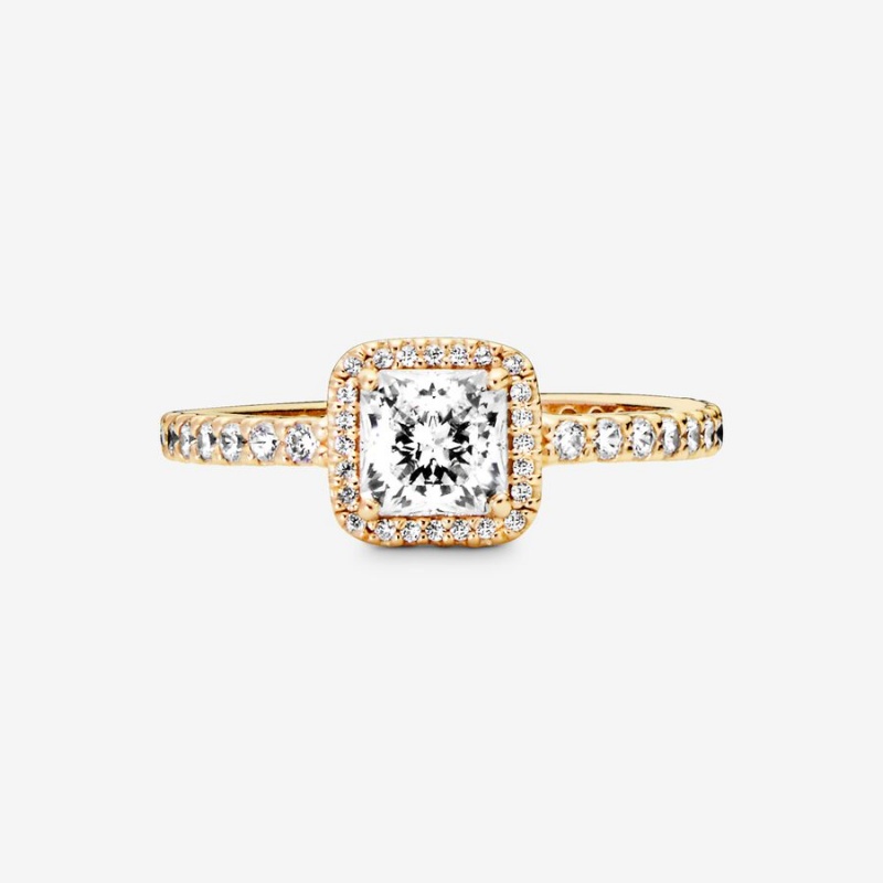 Gold Pandora Square Sparkle Halo Halo & Solitaire Rings | CRQP38156