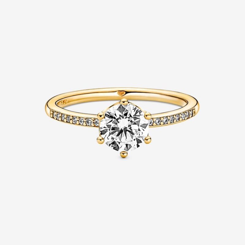 Gold Plated Pandora Clear Sparkling Crown Solitaire Heart & Promise Rings | SWIU70914