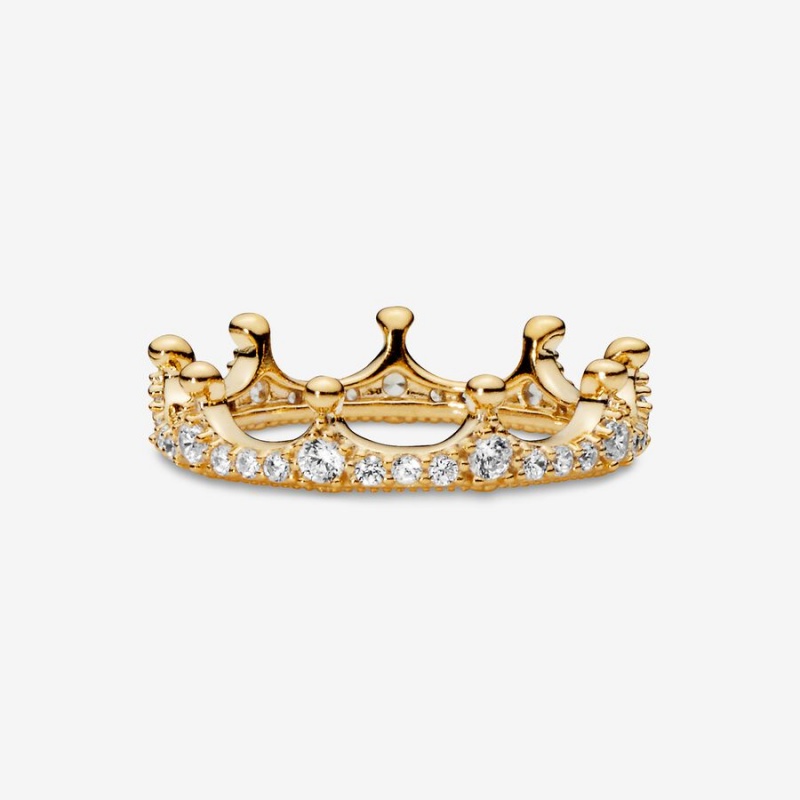 Gold Plated Pandora Clear Sparkling Crown Stackable Rings | GZAQ94817