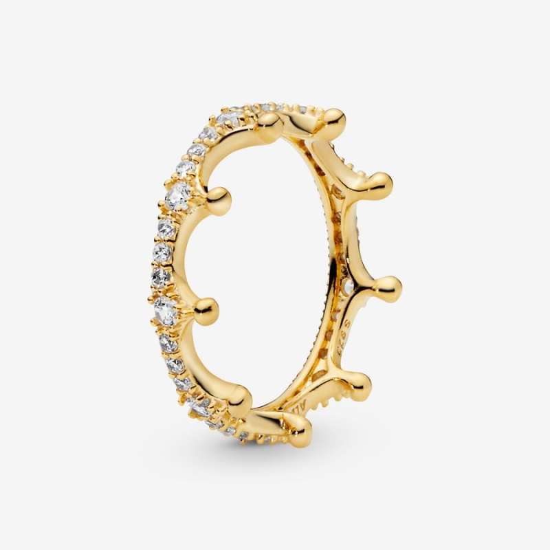 Gold Plated Pandora Clear Sparkling Crown Stackable Rings | GZAQ94817