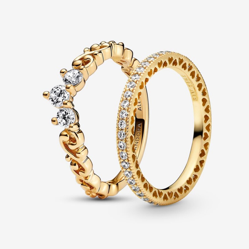 Gold Plated Pandora Elegant Sparkle Ring Sets | HBVL64032