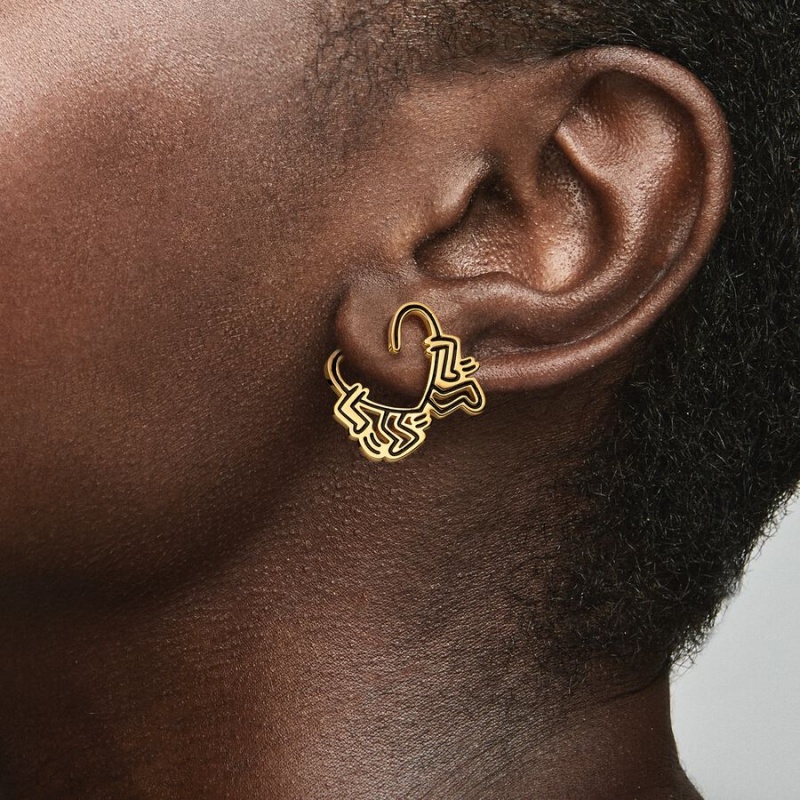 Gold Plated Pandora Keith Haring x Walking Heart Stud Earrings | VEQU91785