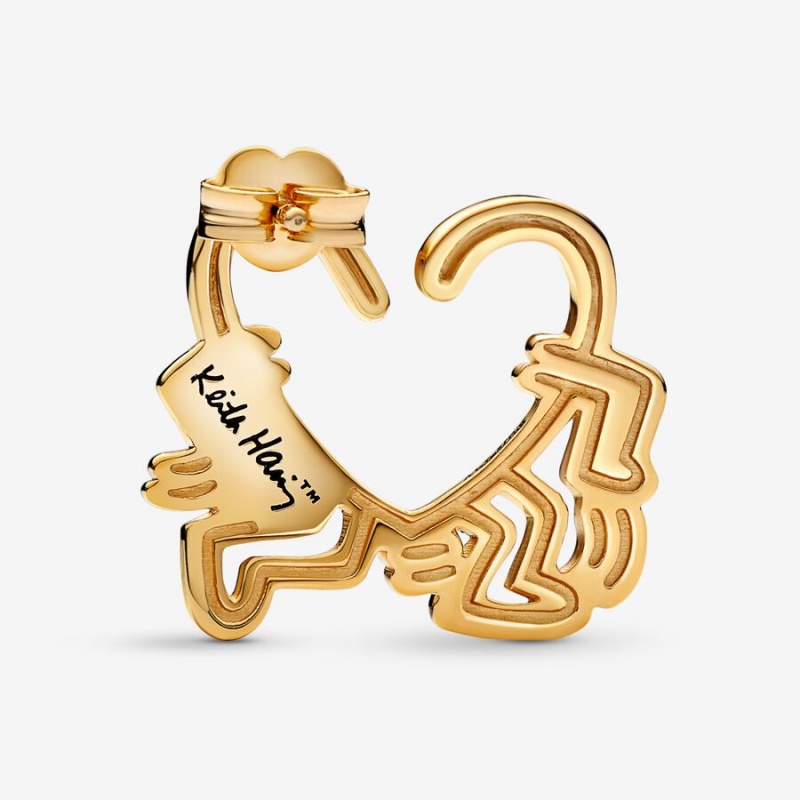 Gold Plated Pandora Keith Haring x Walking Heart Stud Earrings | VEQU91785