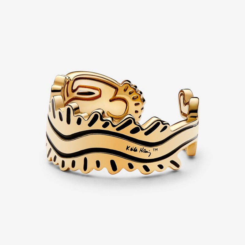 Gold Plated Pandora Keith Haring™ x Wavy Figure Open Band Rings | XZFY97063