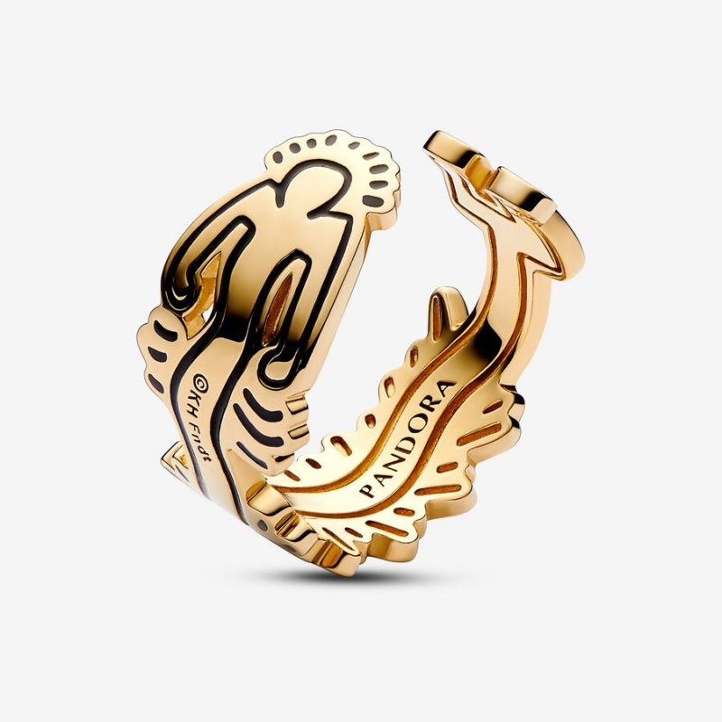 Gold Plated Pandora Keith Haring™ x Wavy Figure Open Band Rings | XZFY97063