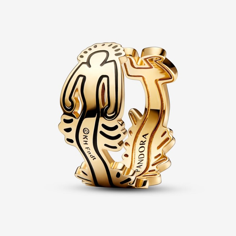 Gold Plated Pandora Keith Haring™ x Wavy Figure Open Band Rings | XZFY97063