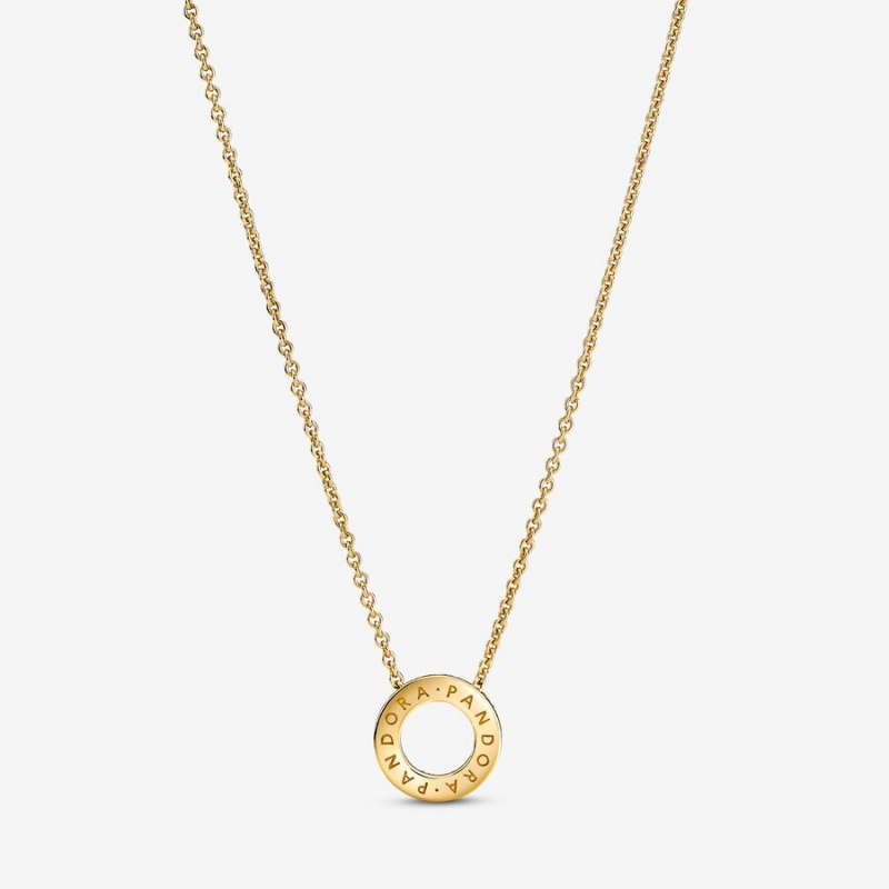 Gold Plated Pandora Logo Pavé Circle Collier Pendant Necklaces | JWUZ03982