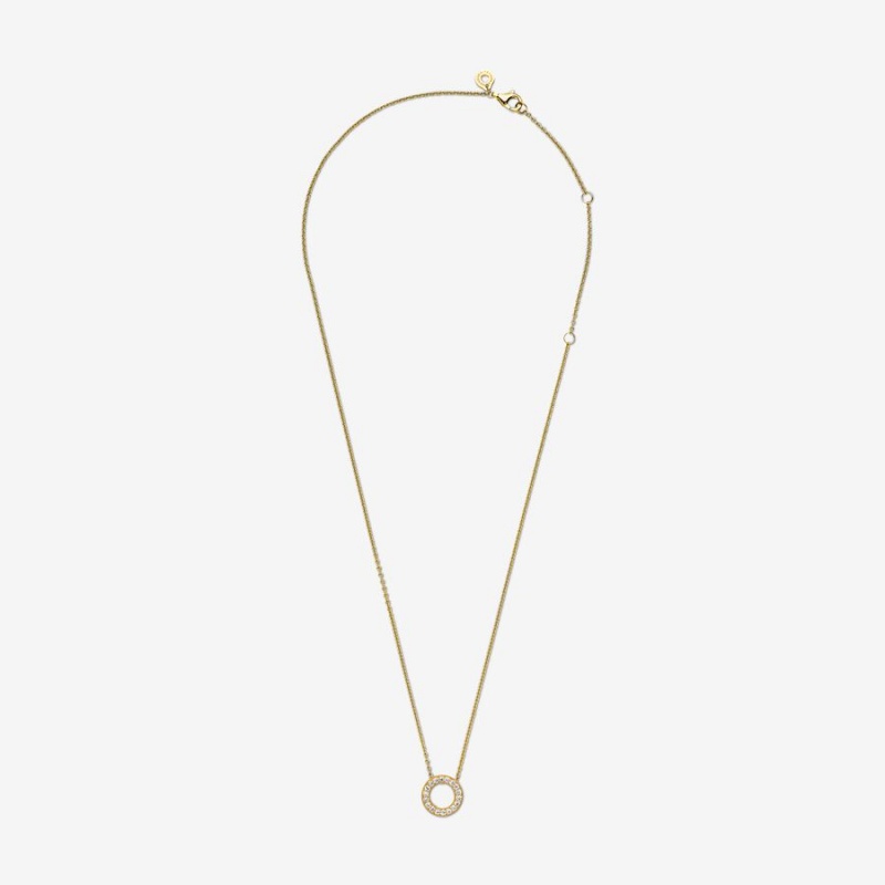 Gold Plated Pandora Logo Pavé Circle Collier Pendant Necklaces | JWUZ03982