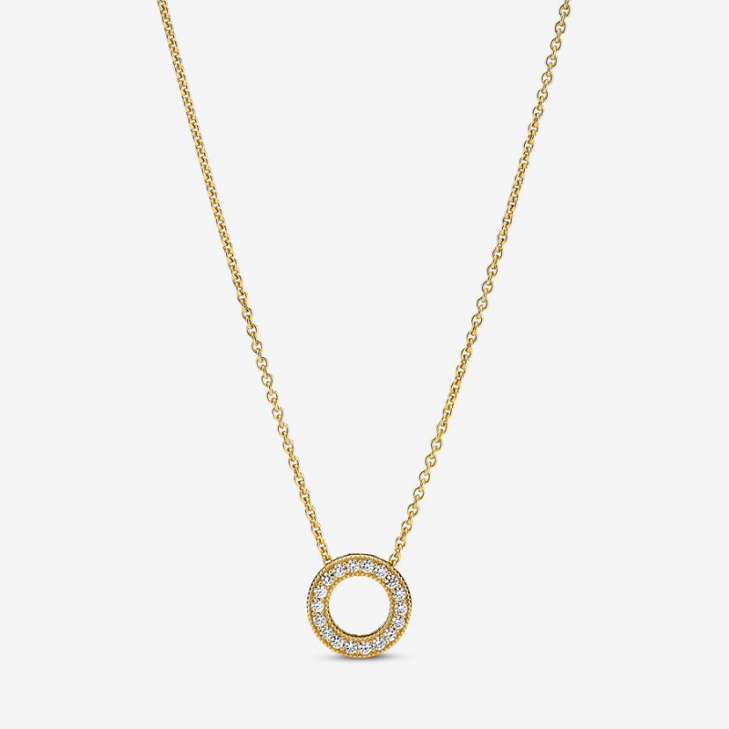 Gold Plated Pandora Logo Pavé Circle Collier Pendant Necklaces | JWUZ03982