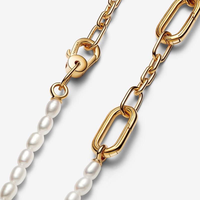 Gold Plated Pandora ME Slim Treated Freshwater Cultured Pearl Chain Necklaces | YHXN25038