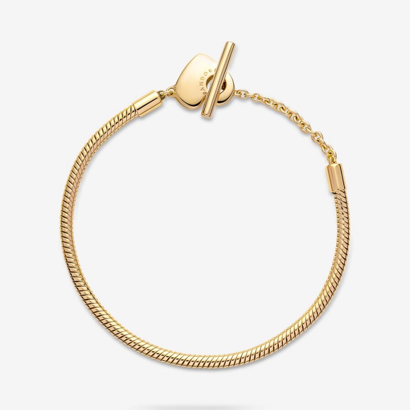 Gold Plated Pandora Moments Heart T-Bar Snake Charm Bracelets | VTIO20835