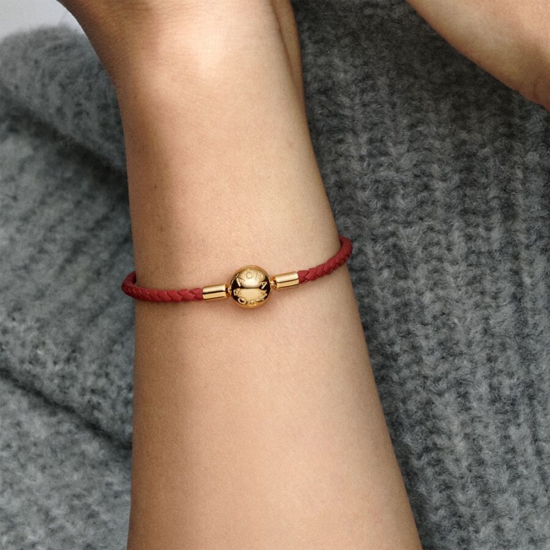 Gold Plated Pandora Moments Red Woven Leather Charm Bracelets | GORJ67048