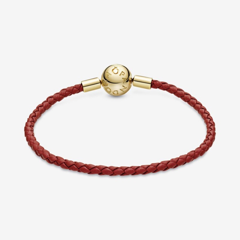 Gold Plated Pandora Moments Red Woven Leather Charm Bracelets | GORJ67048