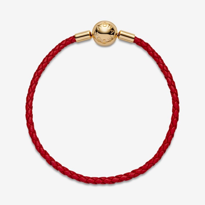 Gold Plated Pandora Moments Red Woven Leather Charm Bracelets | GORJ67048