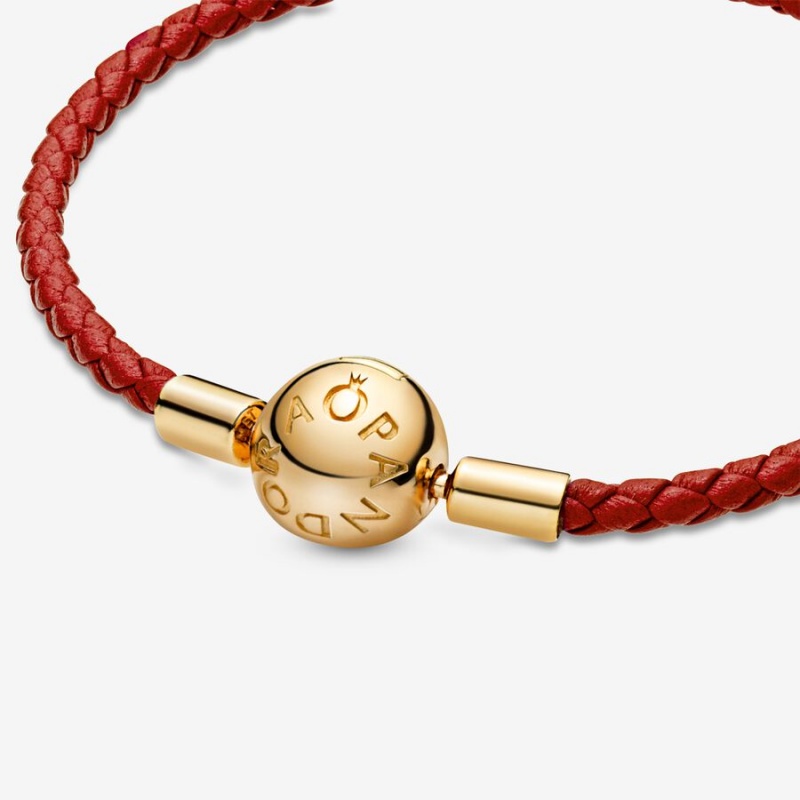 Gold Plated Pandora Moments Red Woven Leather Charm Bracelets | GORJ67048