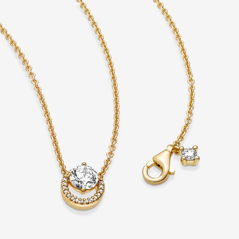 Gold Plated Pandora Sparkling Round Halo Collier Pendant Necklaces | RXPW46027