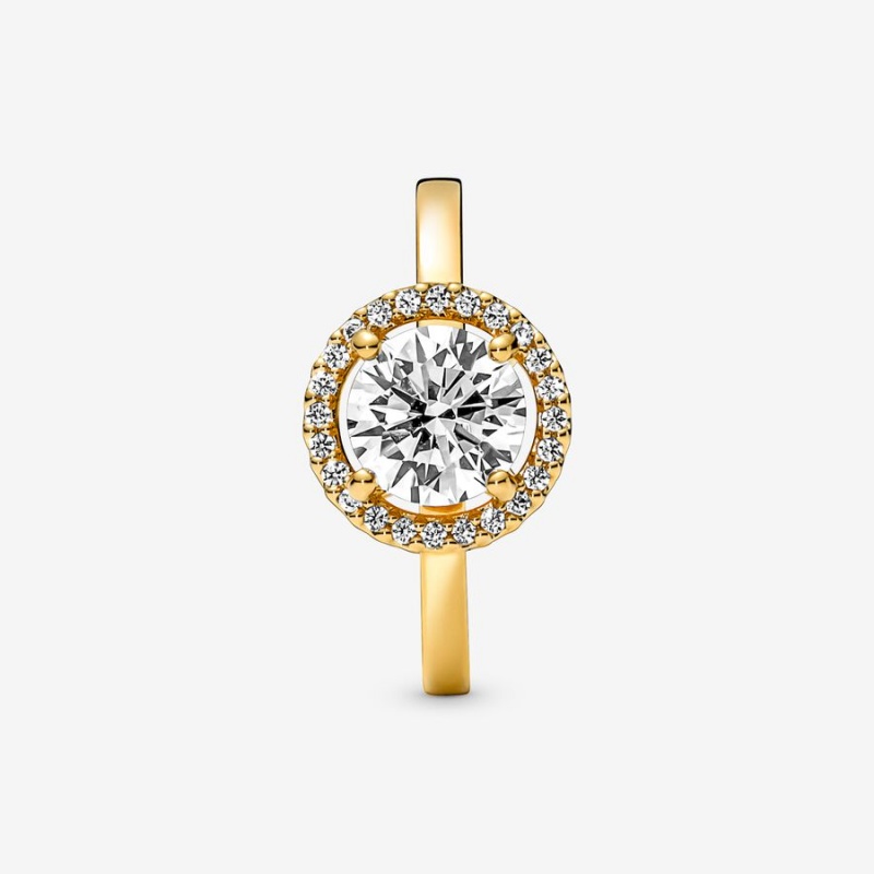 Gold Plated Pandora Sparkling Round Halo Halo & Solitaire Rings | YGVH15783