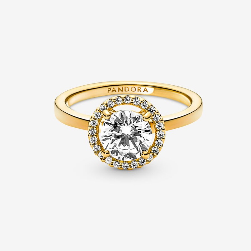 Gold Plated Pandora Sparkling Round Halo Halo & Solitaire Rings | YGVH15783