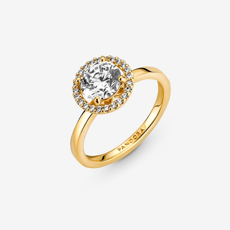 Gold Plated Pandora Sparkling Round Halo Halo & Solitaire Rings | YGVH15783