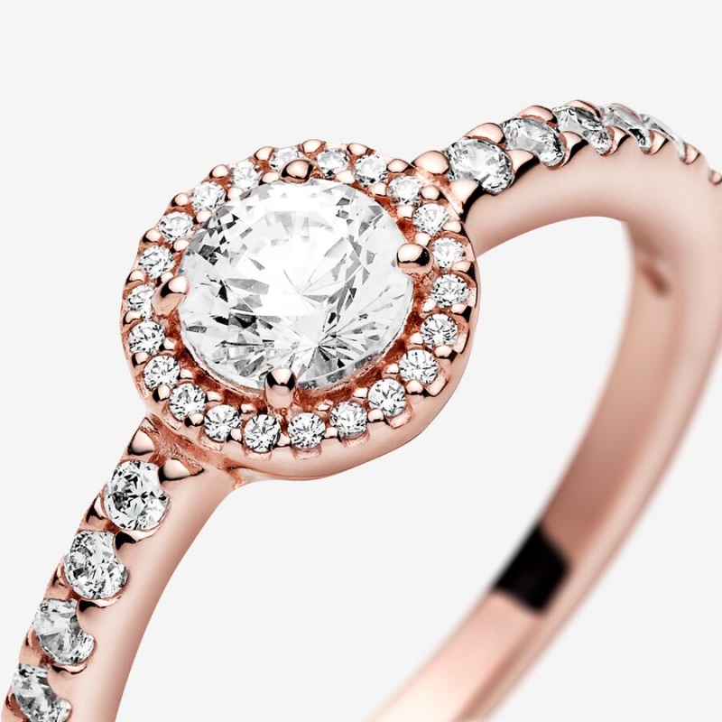 Rose Gold Plated Pandora Classic Sparkle Halo Halo & Solitaire Rings | MCYX37158